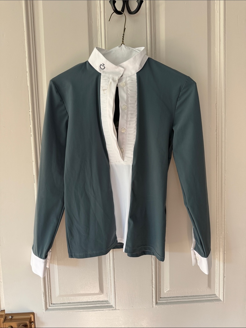 Girls' Gray Green Equestrian Show Shirt with White Pleated Collar - Picture 1 of 4